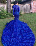 Royal Blue Black Girls Mermaid Long Prom Dresses  Long Sleeves 3d Floral Skirt Lace Applique Beaded Formal Party Evening Gowns BC0749