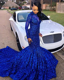 Royal Blue Black Girls Mermaid Long Prom Dresses  Long Sleeves 3d Floral Skirt Lace Applique Beaded Formal Party Evening Gowns BC0749