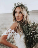 Elegant Boho Lace Wedding Gowns  Country Style Off The Shoulder Short Sleeves Bridal Dress Beach Wedding Dresses Sweep Train