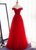 solvbao Red Tulle Floor Length Floral Prom Gowns, Red Prom Dress , Off Shoulder Party Dress