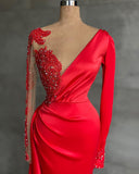 kamahe Red Long Sleeve V-Neck Mermaid Prom Dress Online With Beadings