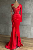 kamahe Red Long Sleeve V-Neck Mermaid Prom Dress Online With Beadings