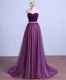 Solvbao Purple Tulle Sweetheart Long Wedding Party Dress with Belt, Purple Prom Dress Bridesmaid Dress