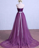 Solvbao Purple Tulle Sweetheart Long Wedding Party Dress with Belt, Purple Prom Dress Bridesmaid Dress