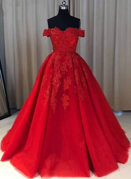 solvbao Gorgeous Red Tulle and Applique Off Shoulder Prom Dresses , Red Sweet 16 Gowns, Party Dresses