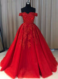 solvbao Gorgeous Red Tulle and Applique Off Shoulder Prom Dresses , Red Sweet 16 Gowns, Party Dresses