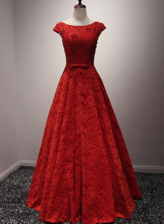 solvbao Red Lace Long A-line Elegant Handmade Beaded Prom Gowns, Red Evening Formal Dress, Lace Party Gowns