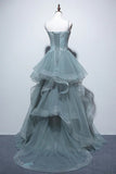 kamahe Gray Spaghetti Straps Tulle Princess Formal Evening Party Dresses Long Formal Prom Dresses