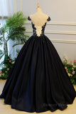 kamahe Round Neck Black Lace Floral Long Prom Dress, Black Lace Formal Dress with Appliques, Black Evening Dress