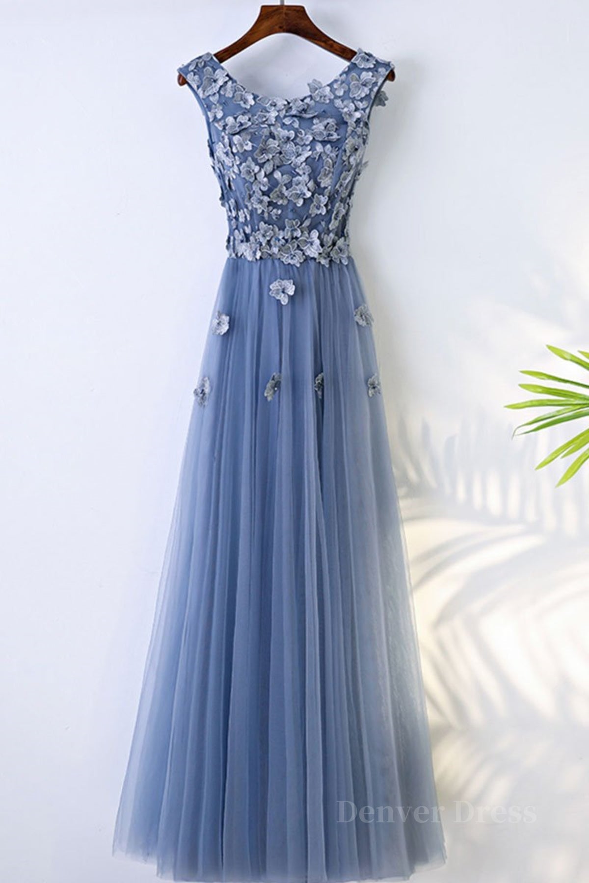 kamahe Round Neck Blue Lace Floral Long Prom Dresses, Blue Lace Long Formal Evening Dresses