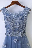 kamahe Round Neck Blue Lace Floral Long Prom Dresses, Blue Lace Long Formal Evening Dresses