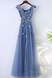 kamahe Round Neck Blue Lace Floral Long Prom Dresses, Blue Lace Long Formal Evening Dresses