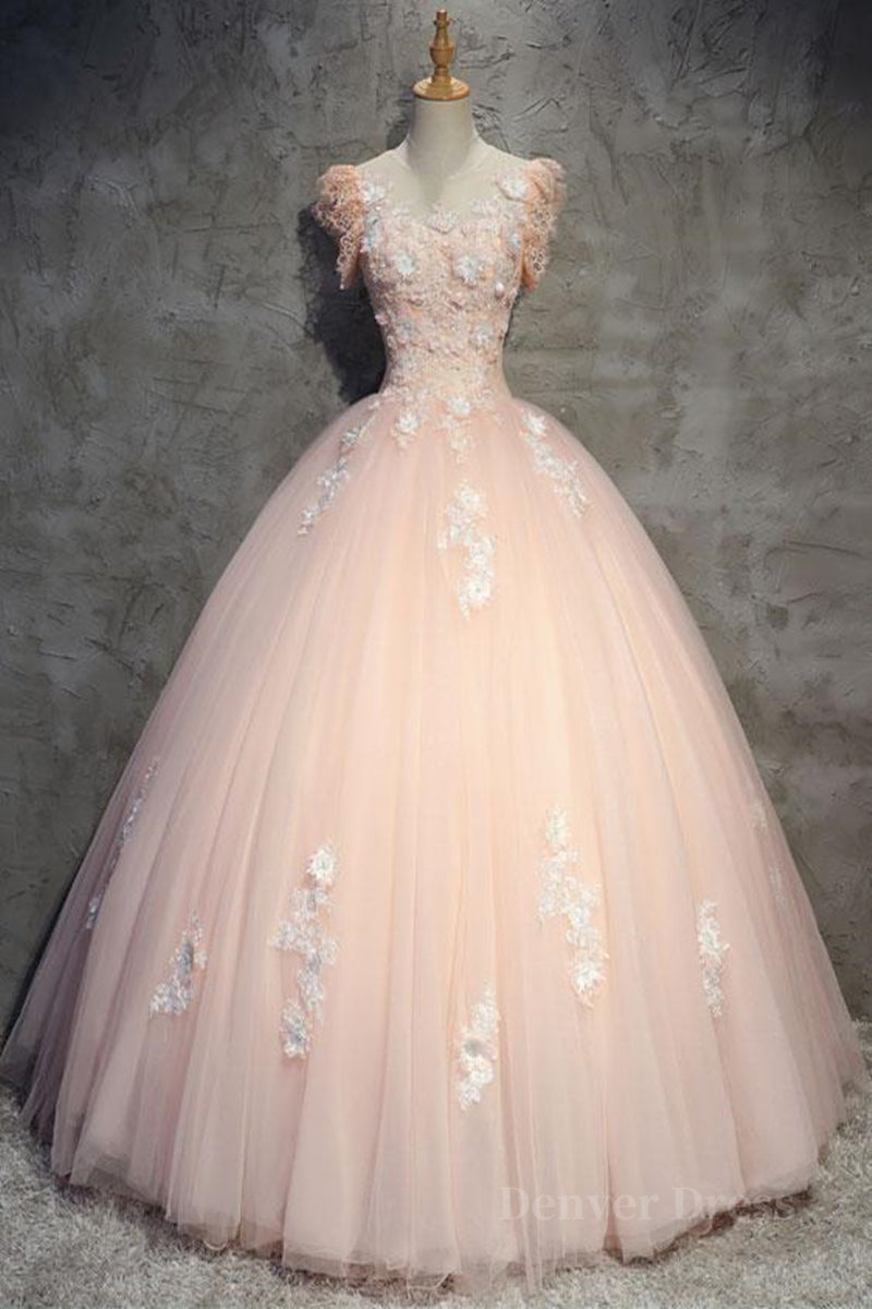 kamahe Round Neck Cap Sleeves Lace Pink Long Prom Dress, Pink Lace Formal Dress, Pink Evening Dress, Ball Gown