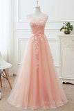 kamahe Round Neck Pink Lace Long Prom Dresses, Pink Lace Bridesmaid Dresses