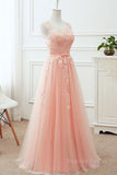 kamahe Round Neck Pink Lace Long Prom Dresses, Pink Lace Bridesmaid Dresses