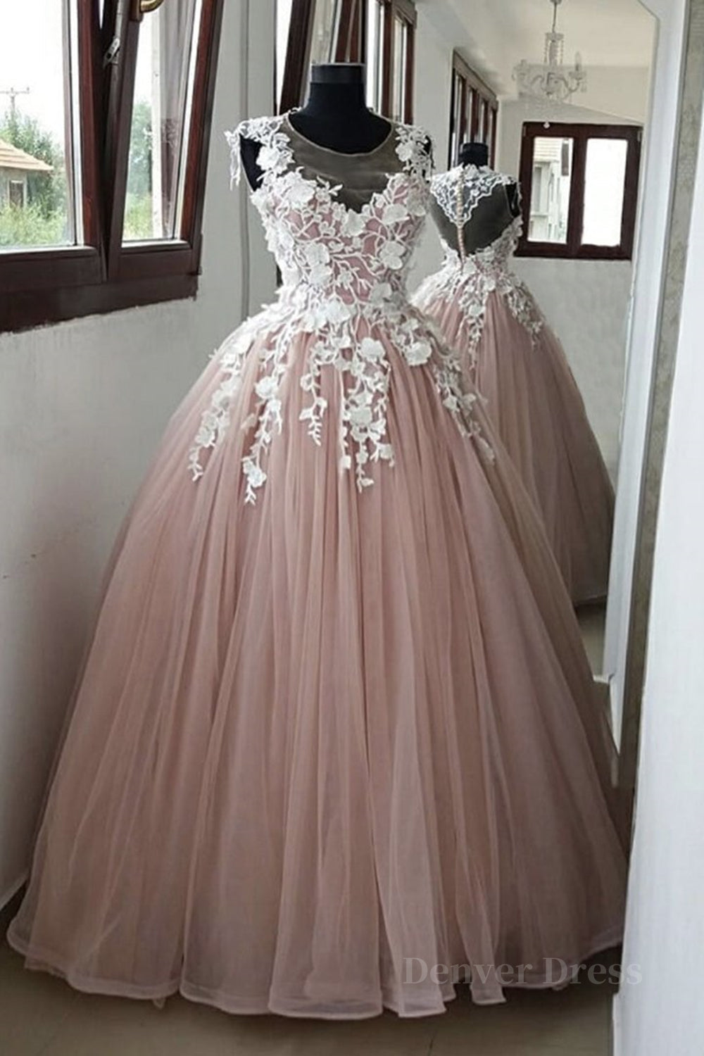 kamahe Round Neck Pink Lace Long Prom Gown, Long Pink Lace Prom Formal Evening Dress, Pink Ball Gown