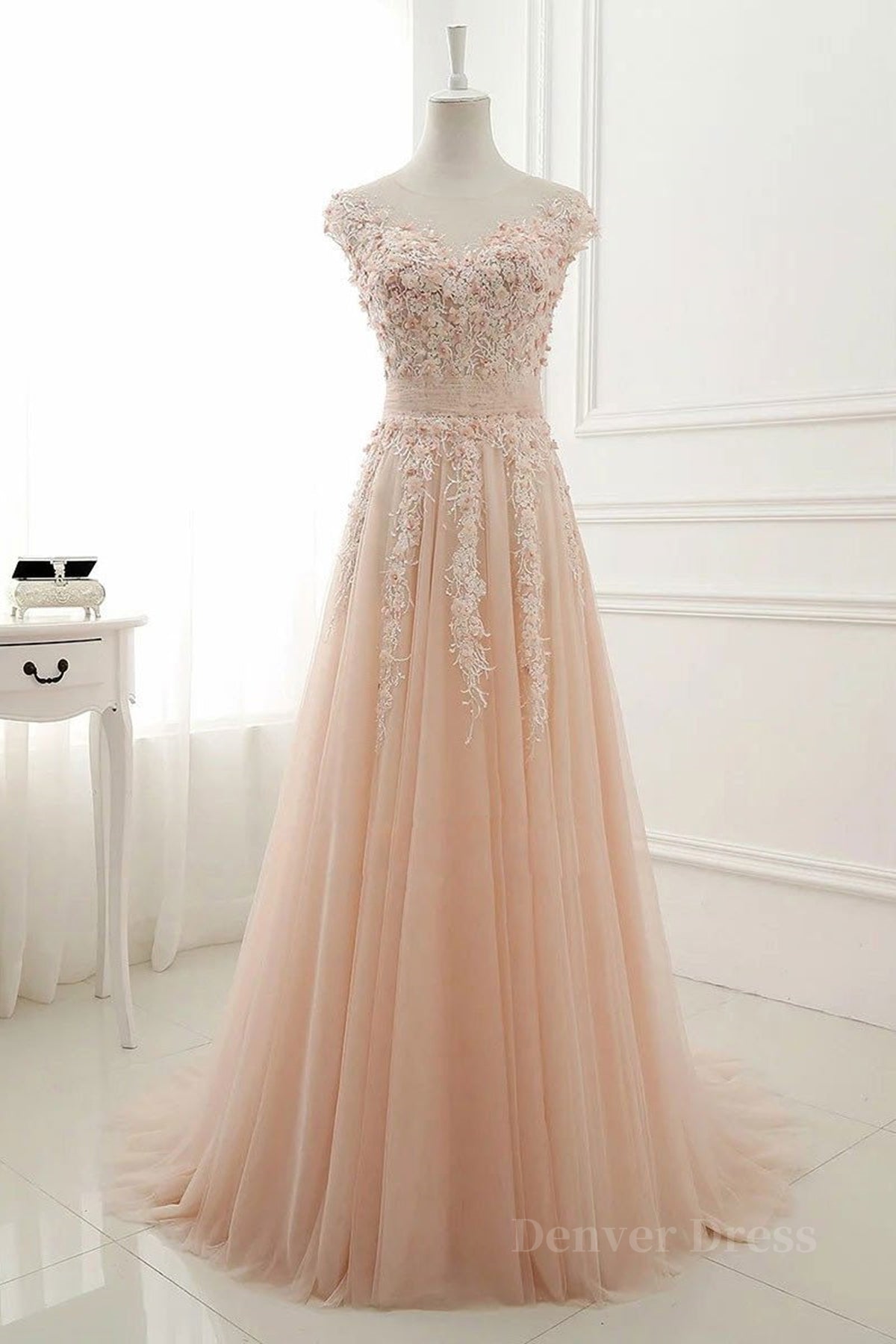 kamahe Round Neck Pink Lace Prom Dresses, Pink Lace Formal Evening Dresses