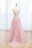 kamahe Round Neck Pink Lace Prom Dresses, Pink Lace Long Formal Evening Dresses