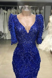 kamahe Royal blue Beaded Lace appliques 1/2 sleeve Mermaid Prom Party Gowns