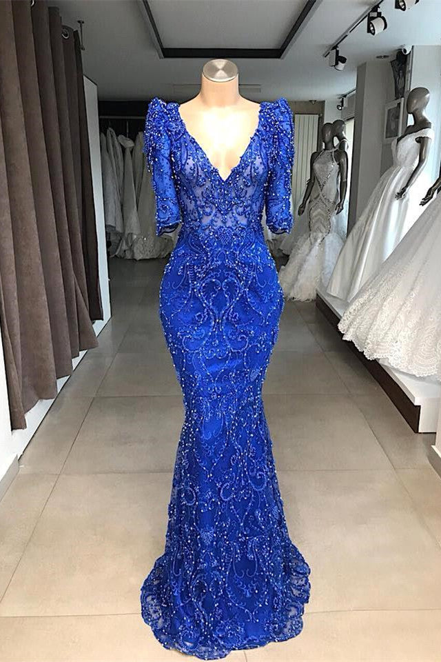 kamahe Royal blue Beaded Lace appliques 1/2 sleeve Mermaid Prom Party Gowns