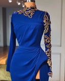 kamahe Royal Blue High Neck Side Slit Mermaid Prom Dresses Elegant Long Sleevess Appliques Evening Gowns