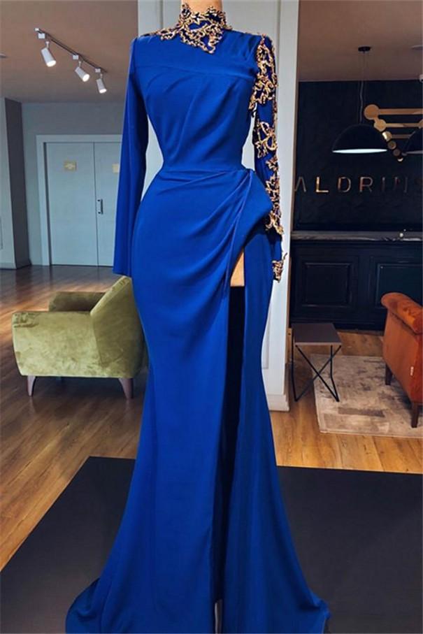 kamahe Royal Blue High Neck Side Slit Mermaid Prom Dresses Elegant Long Sleevess Appliques Evening Gowns