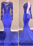 kamahe Royal-Blue Long-Sleeves Open-Back Mermaid Charming Sheer Prom Dresses