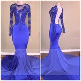 kamahe Royal-Blue Long-Sleeves Open-Back Mermaid Charming Sheer Prom Dresses