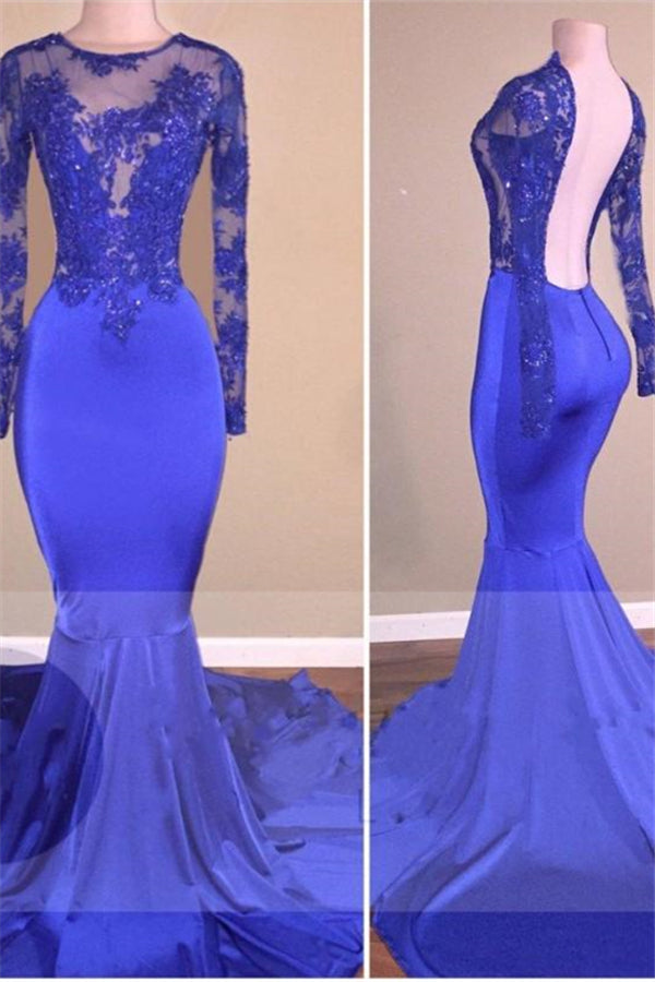 kamahe Royal-Blue Long-Sleeves Open-Back Mermaid Charming Sheer Prom Dresses