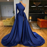 kamahe Royal Blue One Shoulder Long Sleeves Slit Prom Dress Overskirt