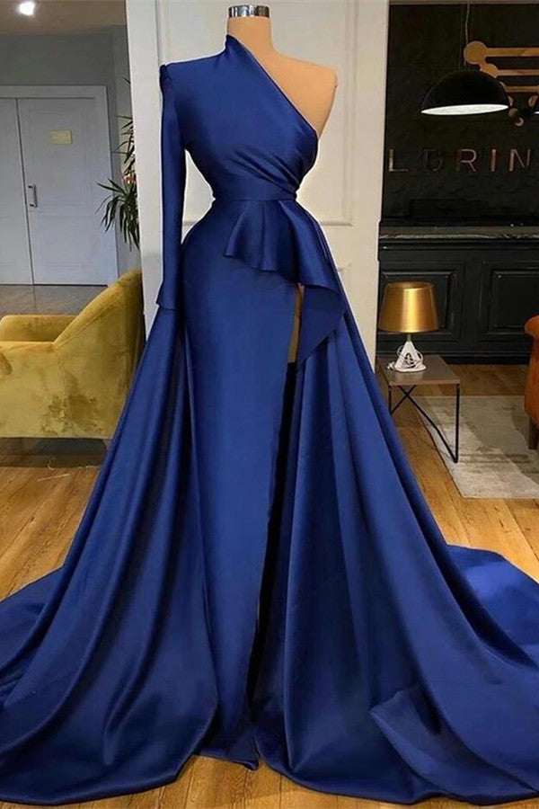 kamahe Royal Blue One Shoulder Long Sleeves Slit Prom Dress Overskirt