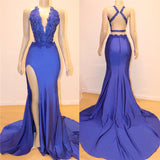 kamahe Royal Blue V-neck Open back Side Slit Mermaid Beads Lace Prom Dresses