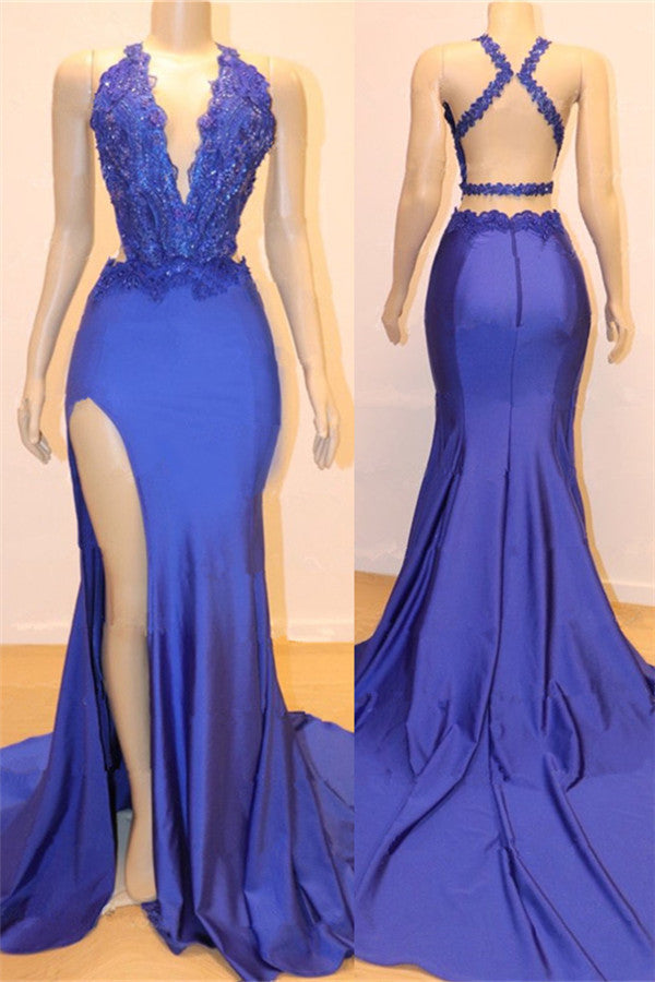 kamahe Royal Blue V-neck Open back Side Slit Mermaid Beads Lace Prom Dresses