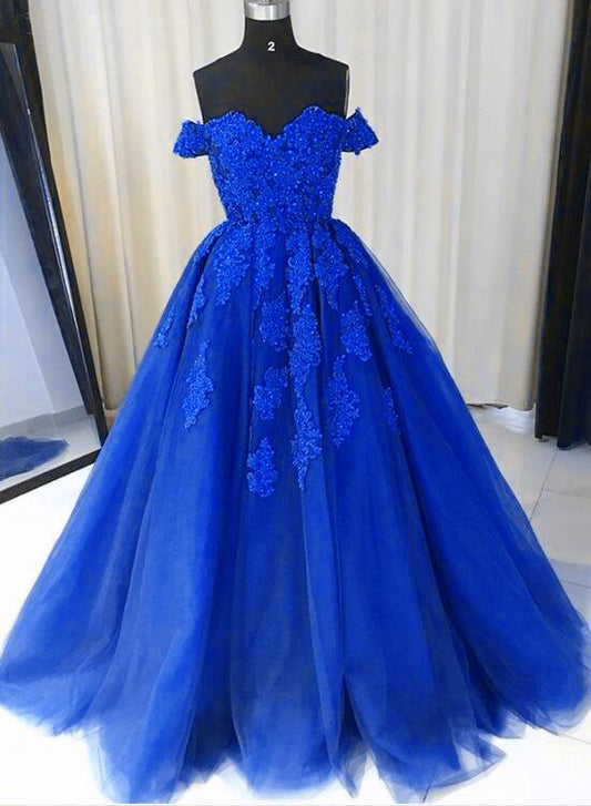 solvbao Royal Blue Tulle Gown, Lace Applique Off Shoulder Party Dress, Prom Dress Sweet 16 Dress