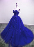 Solvbao Royal Blue Tulle Strapless Ball Gown Long Prom Dress, Blue Party Dress