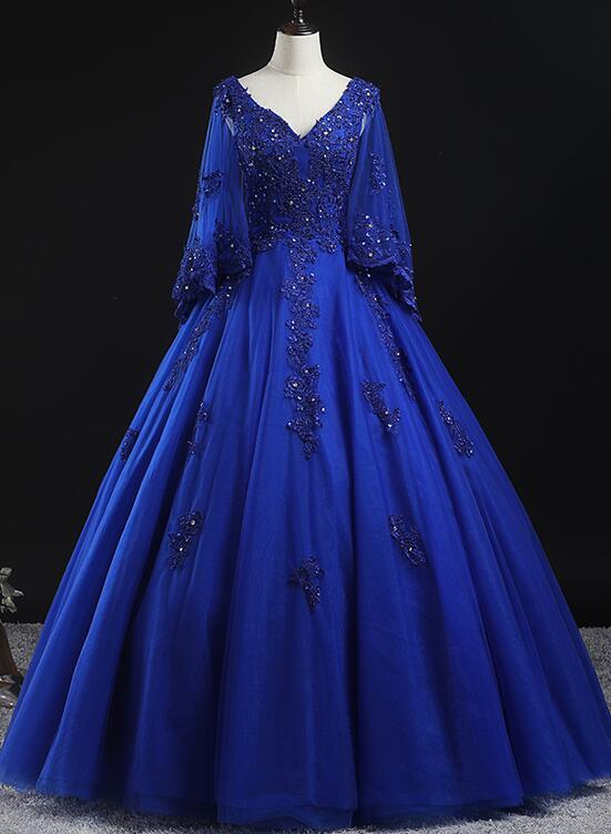 Solvbao Royal Blue Ball Gown Lace Applique Quinceanera Dresses, Tulle Floor Length Sweet 16 Dresses