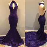 kamahe Sequins Halter Grape Prom Party Gowns| Backless Long Evening Gowns