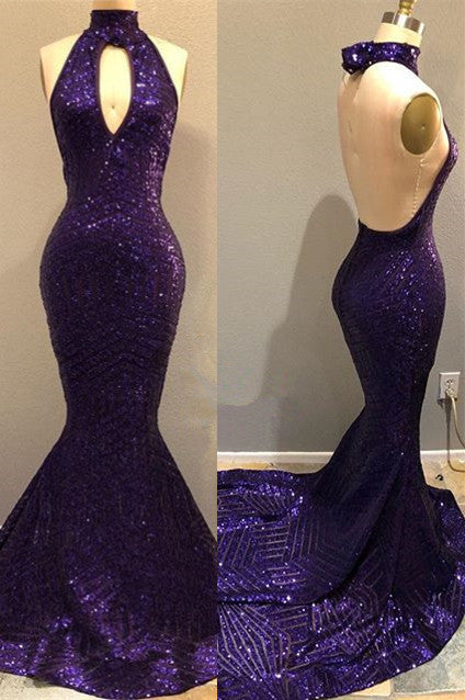 kamahe Sequins Halter Grape Prom Party Gowns| Backless Long Evening Gowns