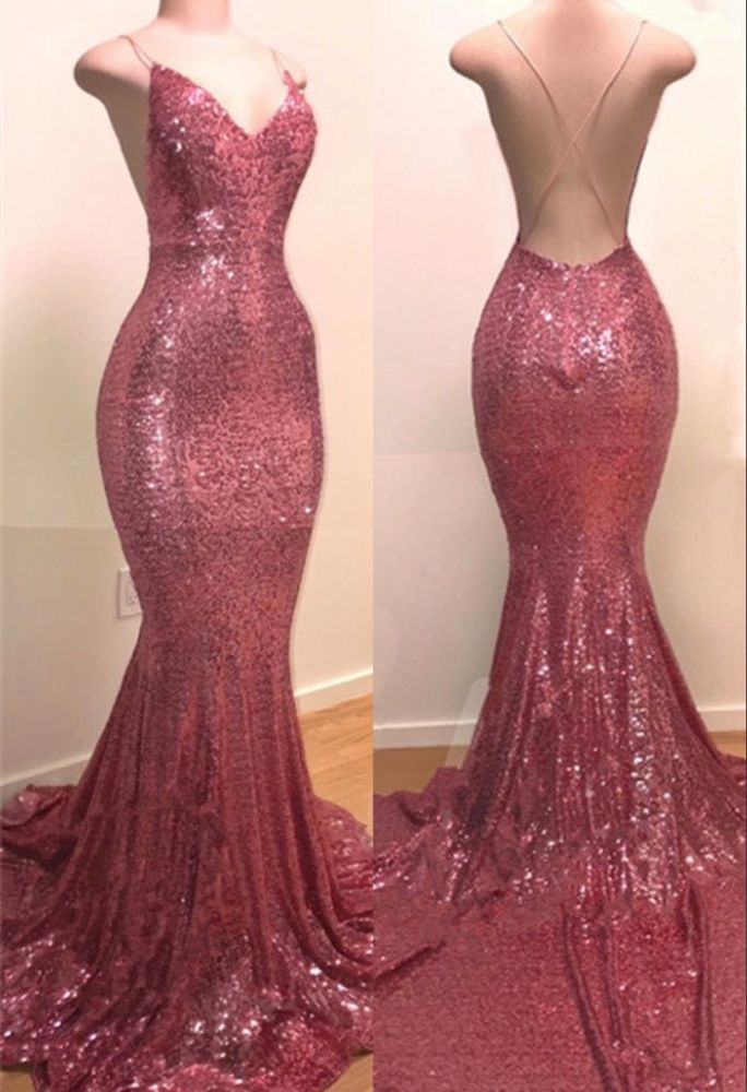 kamahe Sequins V-neck Sleeveless Spaghetti Backless Prom Dresses