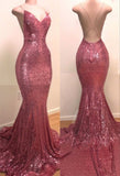 kamahe Sequins V-neck Sleeveless Spaghetti Backless Prom Dresses