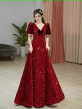 kamahe Sexy A line Burgundy Sequin Prom Dresses Evening Dress