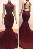 kamahe Sexy Backless Halter Mermaid Prom Dress Burgundy Long Chiffon Backless