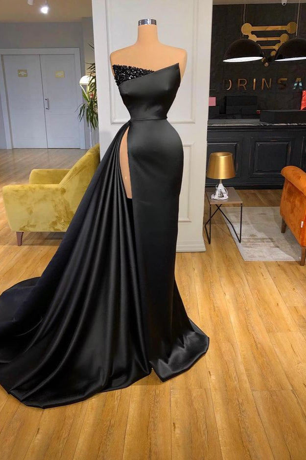 kamahe Sexy Black Long Prom Dress With Split Beadings Evening Gowns