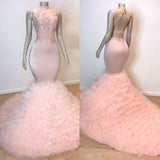 kamahe Sexy Chiffon High Collar Mermaid Prom Dress Sequins Pink Long