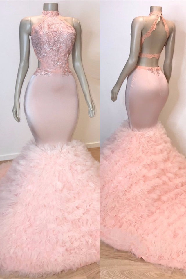 kamahe Sexy Chiffon High Collar Mermaid Prom Dress Sequins Pink Long