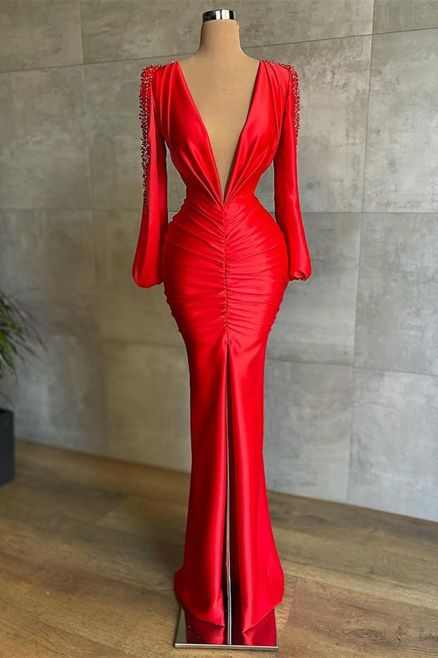 kamahe Sexy Deep V-Neck Red Long Sleeves Prom Dress Mermaid