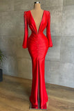 kamahe Sexy Deep V-Neck Red Long Sleeves Prom Dress Mermaid