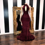 kamahe Sexy Halter V-neck Mermaid Prom Dress Burgundy Long Chiffon