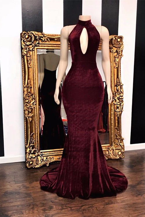 kamahe Sexy Halter V-neck Mermaid Prom Dress Burgundy Long Chiffon