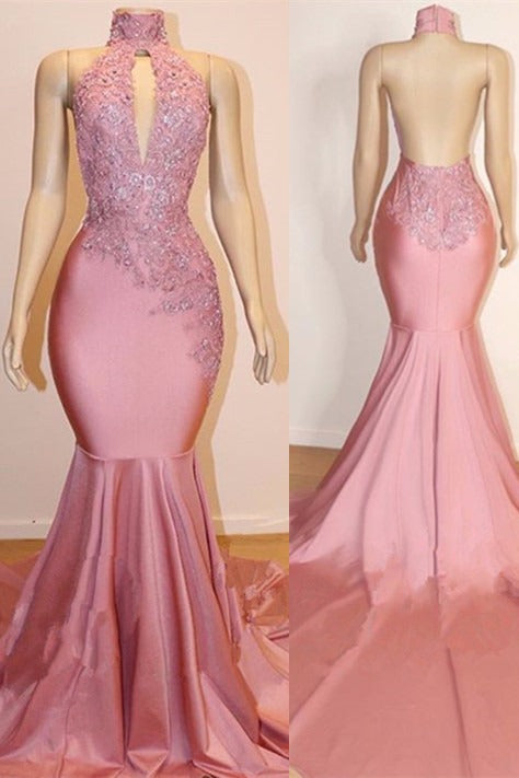 kamahe Sexy High Collar Mermaid Prom Dress Sequins Pink Long Backless